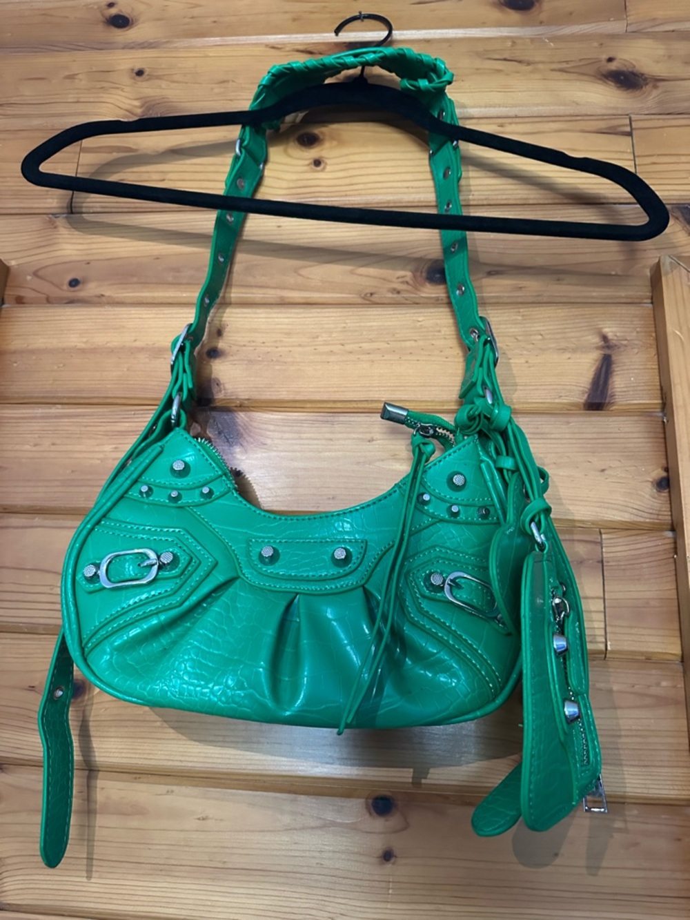 Green Croc-Embossed Shoulder Bag with Stud Accents